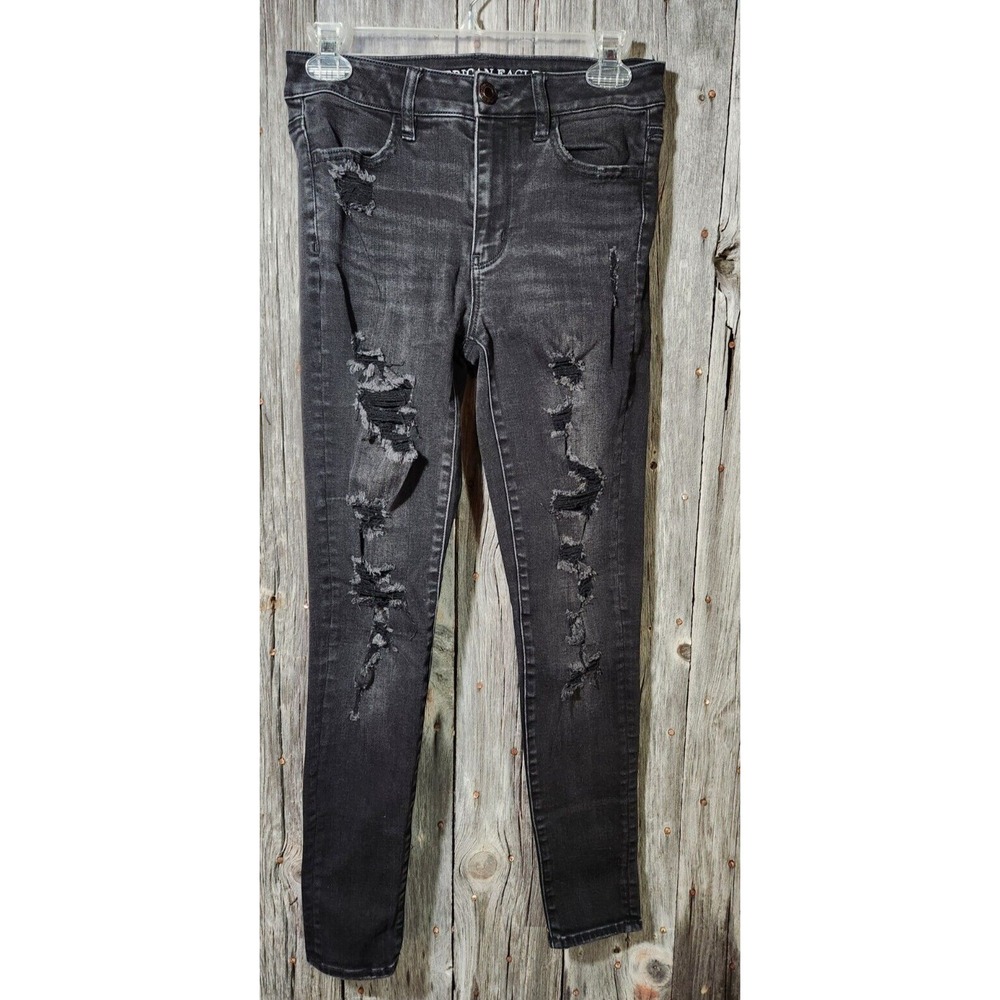 American Eagle Hi-Rise Jegging Super Super Stretch Distressed Black Jeans Size 4
